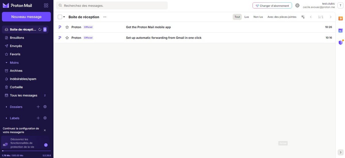 L'interface principale de Proton Mail et son panneau latéral. © Clubic