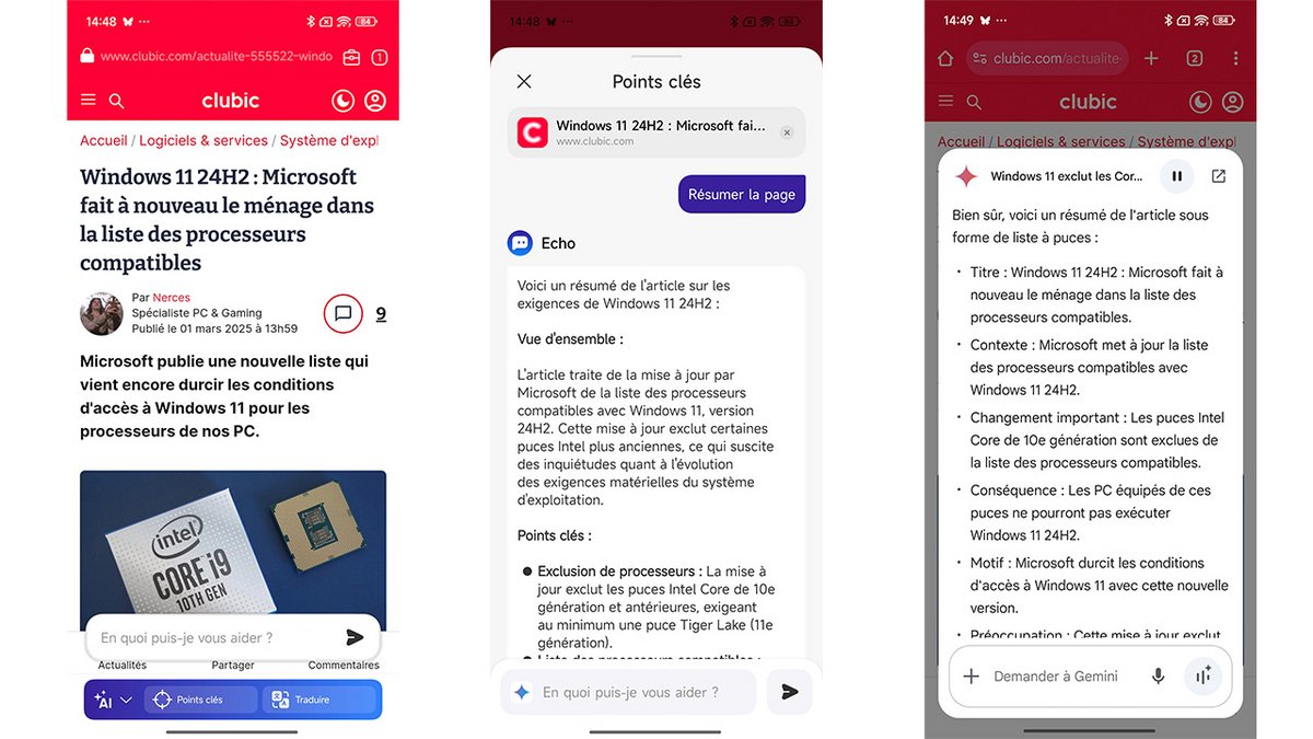 Le résumé de pages web n'est disponible que sur le Mi Browser. Autant passer par Gemini qui, lui, propose la fonction © Pierre Crochart pour Clubic.com