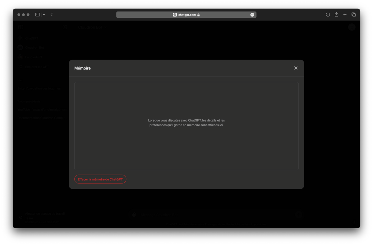 Interface de gestion de la mémoire de ChatGPT. 