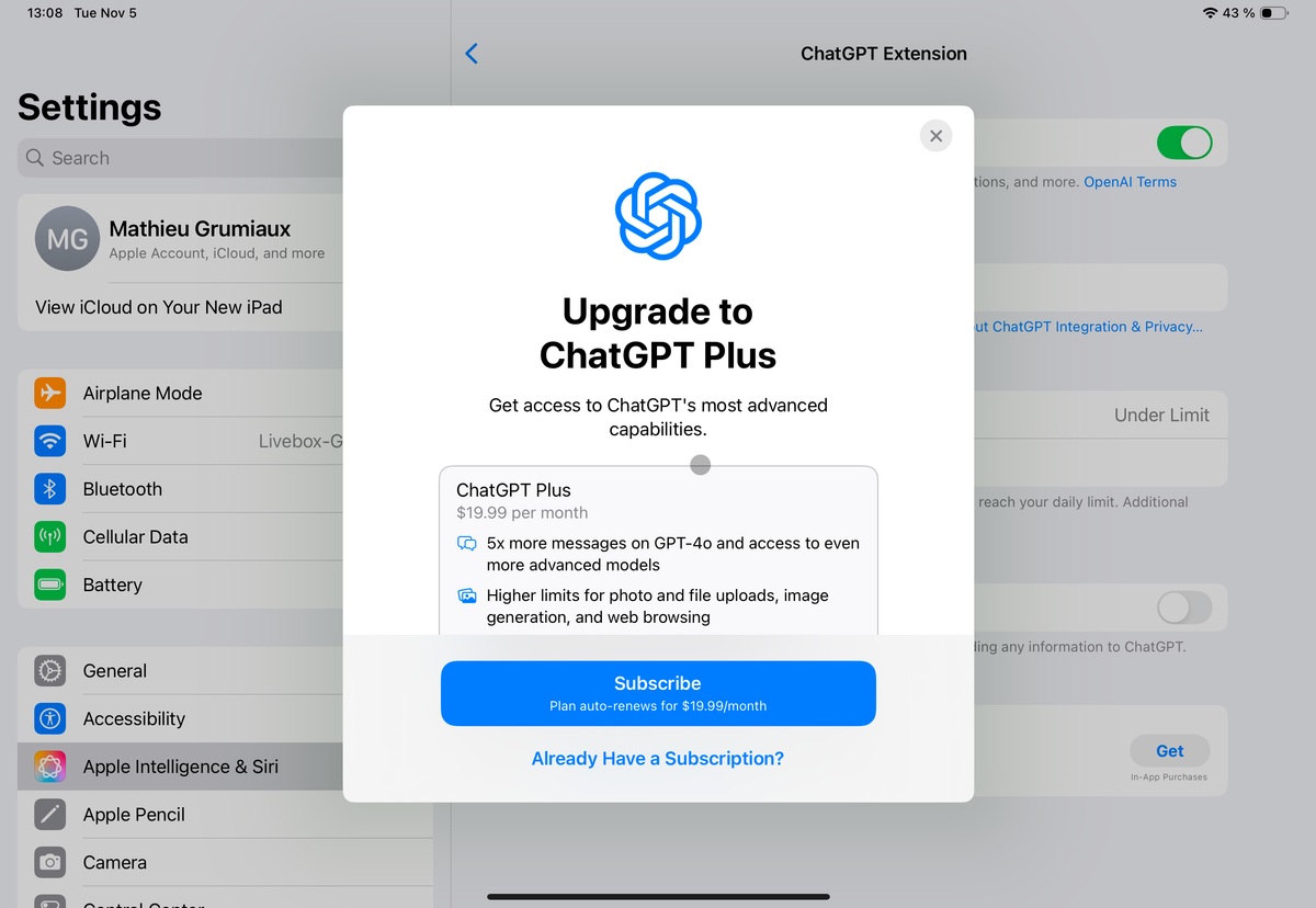 ChatGPT Plus abonnement iOS 18.2 popup
